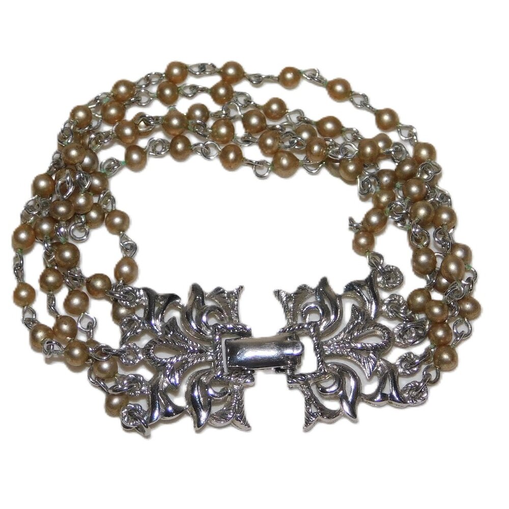 Coro Vintage Multi Strand Bracelet Faux Pearl Silver Tone